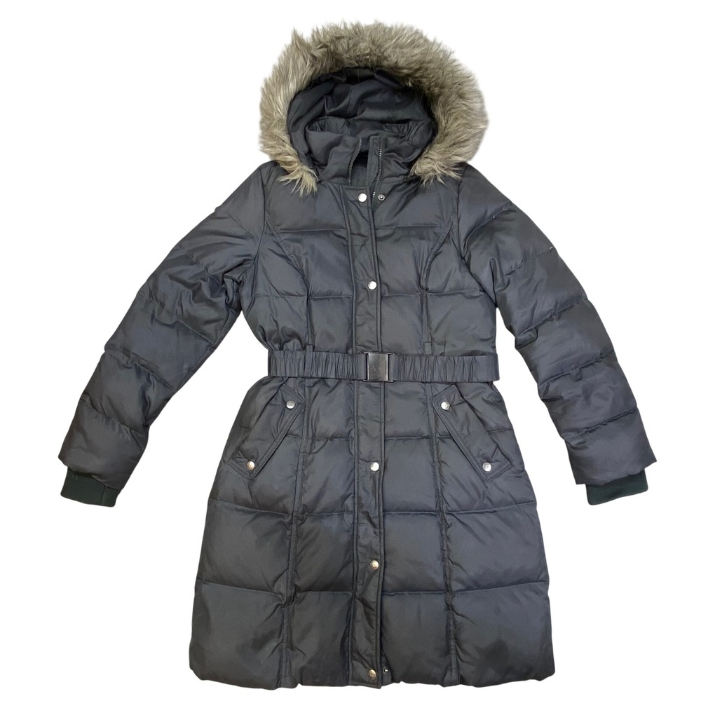 DKNY Womens Black Puffer Coat with Faux Fur Hood Belted Full‎ Zip Size Small